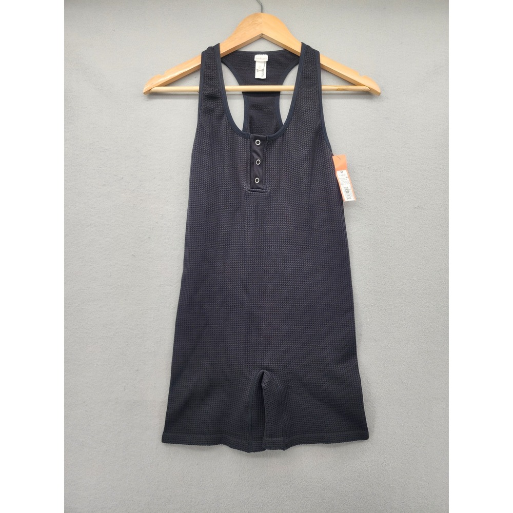 Colsie Waffle Knit Henley Romper Black Sleeveless Racerback Loungewear Med NWT